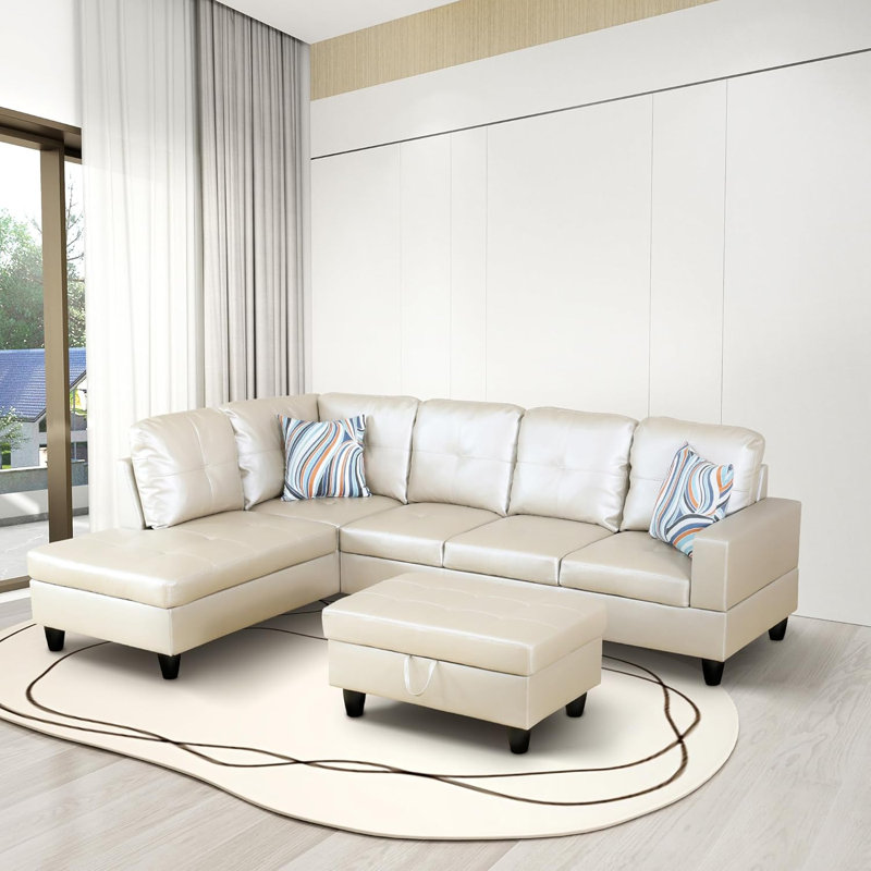 3 - Piece Semi Pu Synthetic Leather Sectional, Light Gray Faux Leather