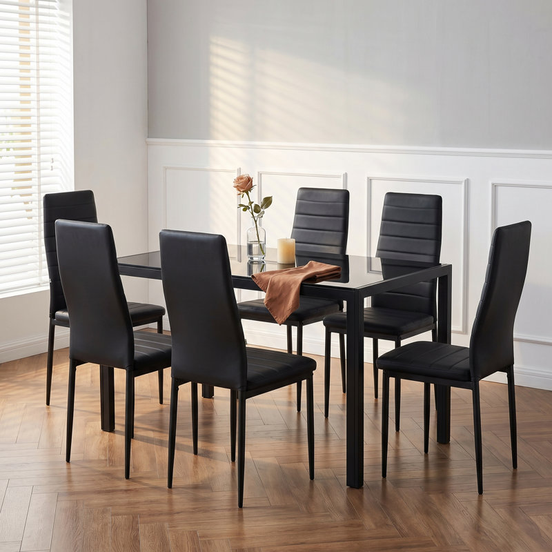 7-Piece Modern Design Timeless Kitchen Dining Glass Table And Chair Sets, Black
