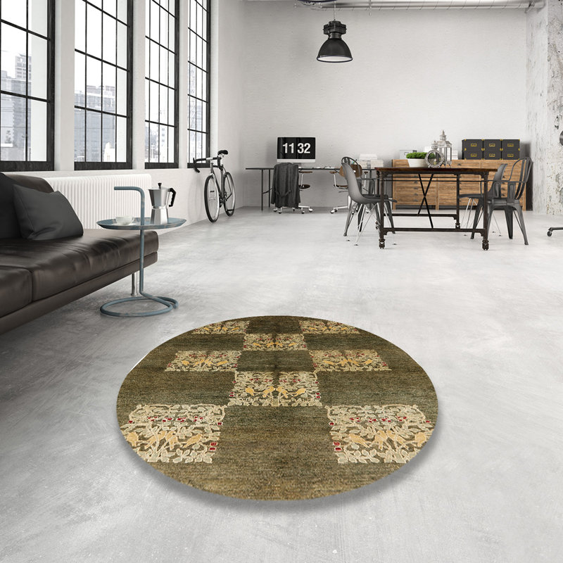 Tapis vert foncé / beige, Rond 3 pi