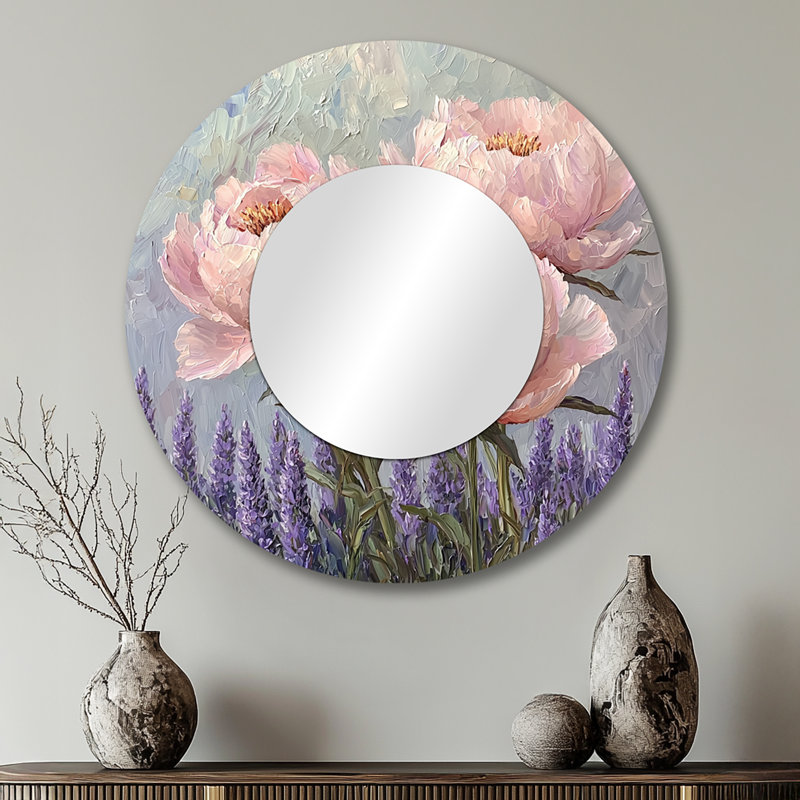 Pivoines dans le jardin de lavande I - Miroir mural décoratif floral - imprimé sur métal, 29 po x 29 po