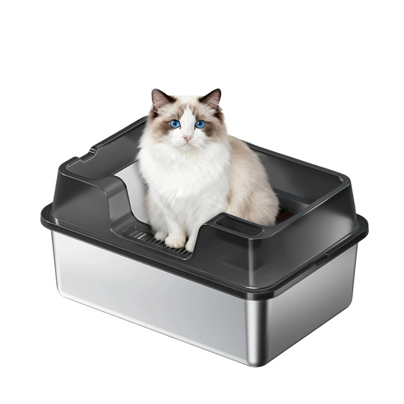 Bac à litière pour chat en acier inoxydable, grande capacité, étanche avec rebord élevé, facile à nettoyer, Noir