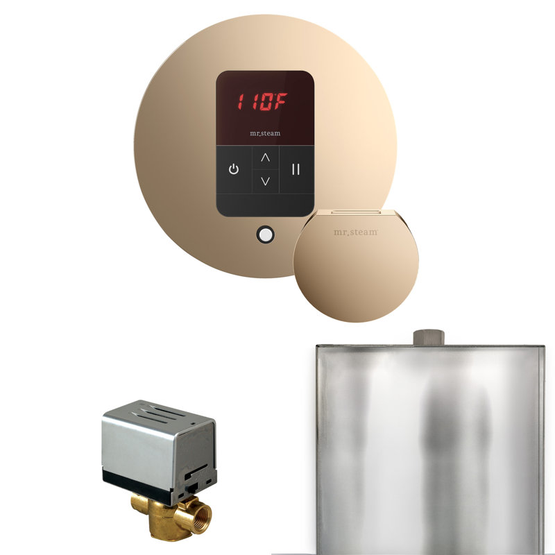 Ensemble de base de commande de douche à vapeur Butler avec contrôle rond d'iTempo et tête de vapeur, Or poli