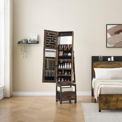 Armoire à bijoux pivotante à 360 ° avec étagère de rangement et tiroir - H 66 "Armoire à bijoux pleine grandeur à miroir, organisateur sur pied avec roues, blanc
