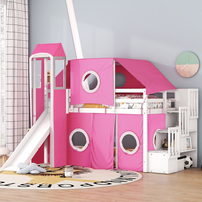 Lit mezzanine avec tente et tour, Lit simple, Rose