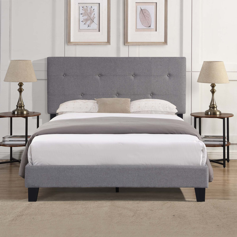 Structure de lit double tapissier pleine grandeur avec tête de lit moderne en tissu capitonné à boutons, aucun sommier requis, support à lattes de bois, assemblage facile