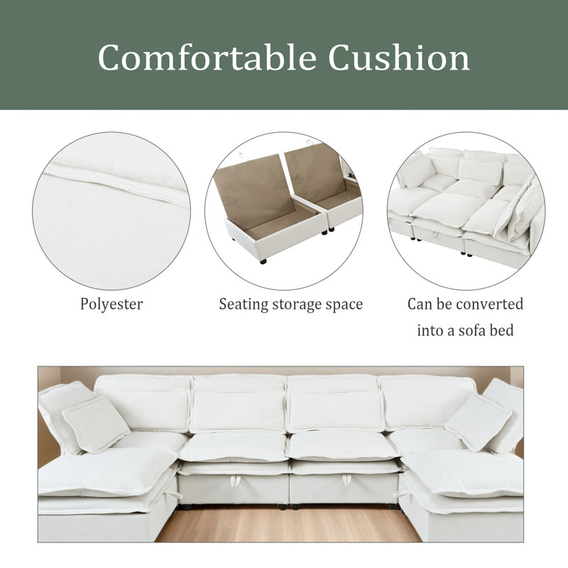 Double-Layer Cushion Modern Large U-Shaped Modular Sofa, Freely Combinable 6-Seater With Storage Function, Convertible To Sofa Bed, Perfect For Living Rooms, Offices, And Apartments