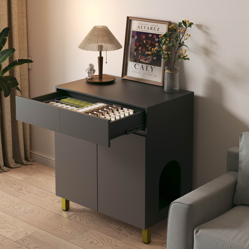 Grand / grand bac à litière, meuble moderne en bois pour bac à litière avec tiroir comme armoire-buffet (noir), Noir
