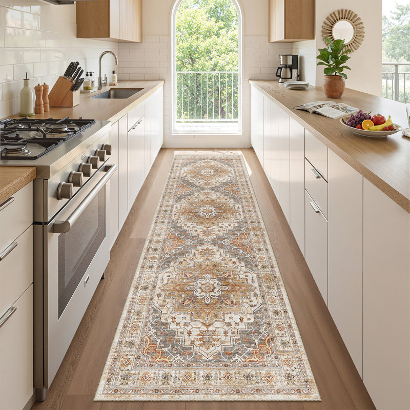 Malila Machine Washable Non-Slip Area Rug, Orange/Gray, Runner 2' x 8'