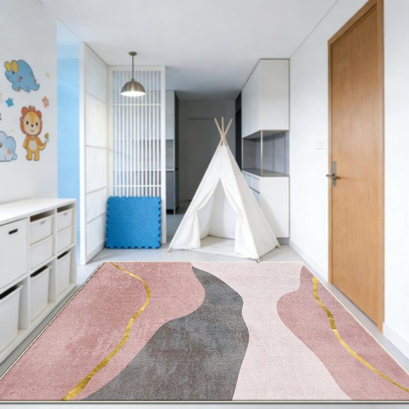 Abstract wave pink-gray gold foil textured living room carpet, soft and comfortable, easy to clean, and machine washable. Indoor floor mat, suitable for dining room, bedroom, entryway, home office, hallway, and kitchen home decoration.
