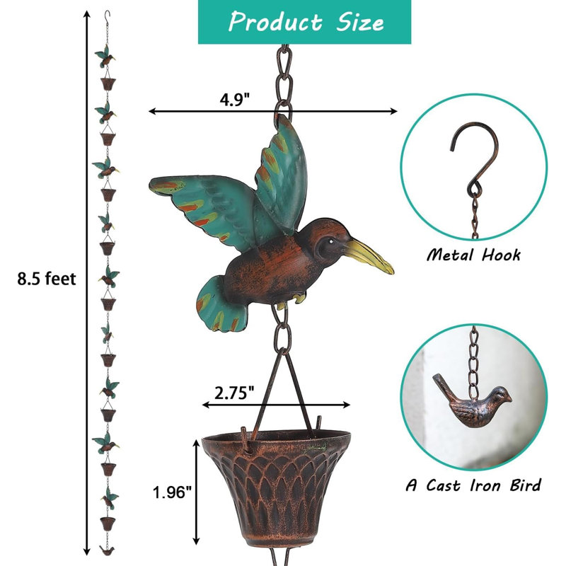 Chaîne de pluie 8,5 pi, colibri et coupelle pour gouttières et tuyaux de descente