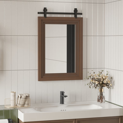 33" X 22" Farmhouse Barn Door Wall Mirror, Rustic Wood Framed Vanity Mirror With Black Sliding Track, Decorative Mirror For Bathroom, Bedroom, Living Room (Walnut Brown)
