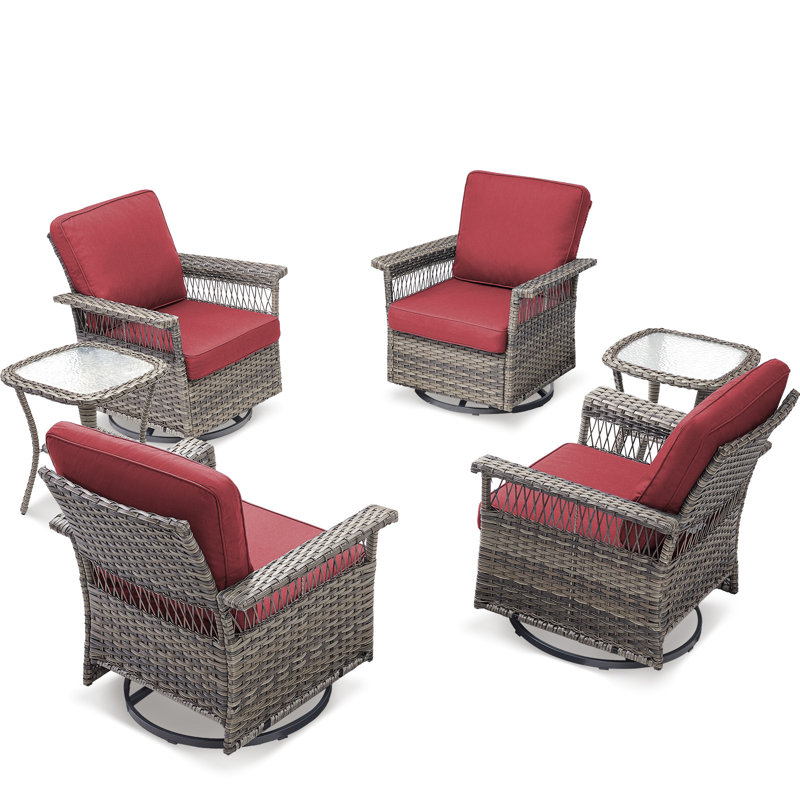 Swivel PE Wicker Rattan Outdoor Rocking Chairs Set With Side Table (4 Chairs And 2 Side Table), Red
