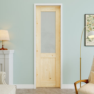 Porte intérieure pré-suspendue en bois de pin et verre givré 24 po x 80 po avec charnières noires, panneau de porte d'intimité en verre à peindre et imperméable, combinaison pour la lessive, portes de placard, portes de chambre, main gauche