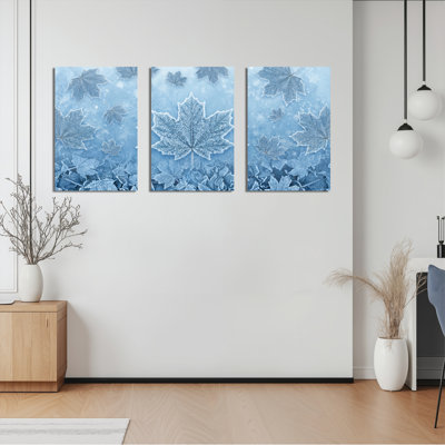 «Frosted Maple Leaves Blue Winter», reproduction d'art sur toile tendue sur toile, ensemble de 3