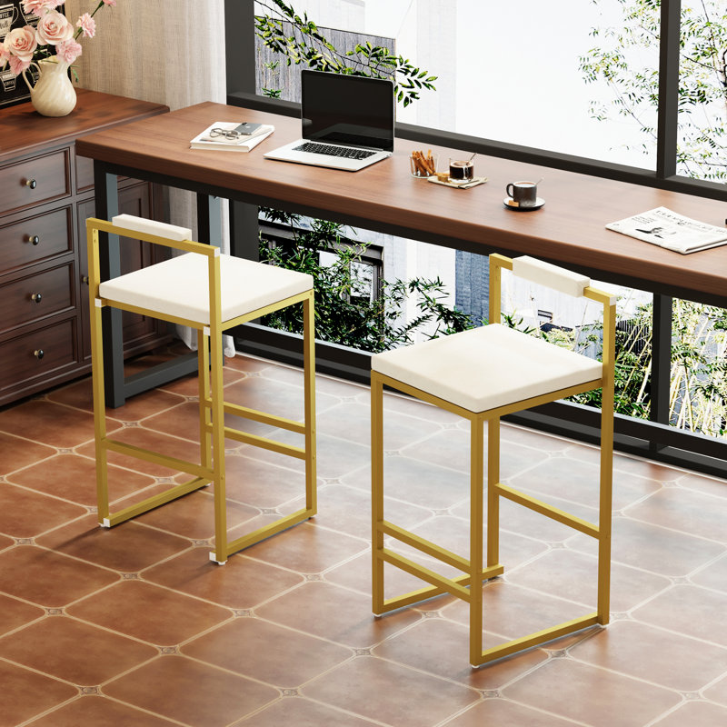 Moderne 2 tabourets de bar d'intérieur avec stabilité de glissement, sièges en velours dans des bases blanc crème et dorées pour la cuisine ou la salle à manger Gold 2, travail de divertissement à la maison confortable