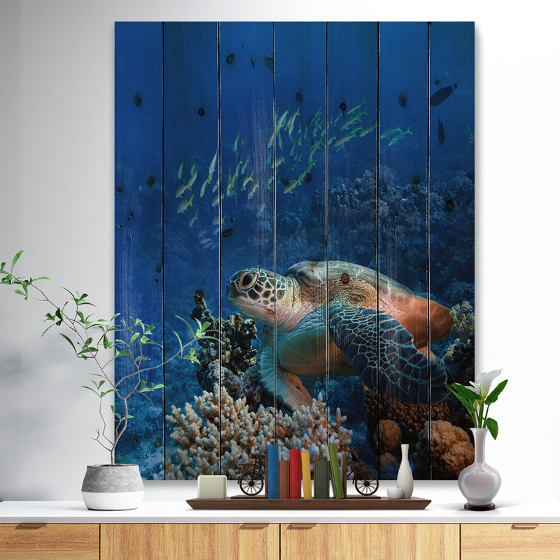 Large Blue Sea Turtle Underwater Pine Wood Wall Art