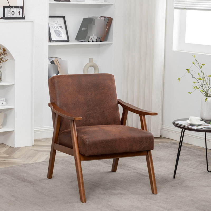 Chaise d'appoint Mid-Century moderne, microfibre brune pour chaise de chambre à coucher confortable, microfibre, structure en bois massif