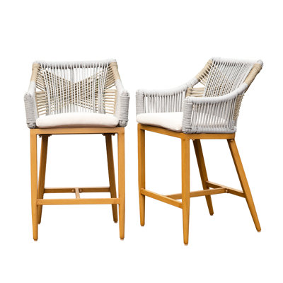 2 Person Outdoor With - Rope - Aluminum Frame, Rope, Khaki Cushion For Garden, Patio, Poolside Counter Height Bar Stools Of Aluminum, Back, Cushioned Seat Pool, Patio Use