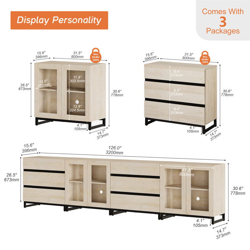 4 In 1 Modern Dresser With Glass Doors And 6 Drawers,Storage Cabinet With Adjustable Shelves, Chest Of Drawers, Beige