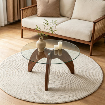 Table basse moderne avec plateau en verre et table d'appoint ronde en noyer pour salon moderne