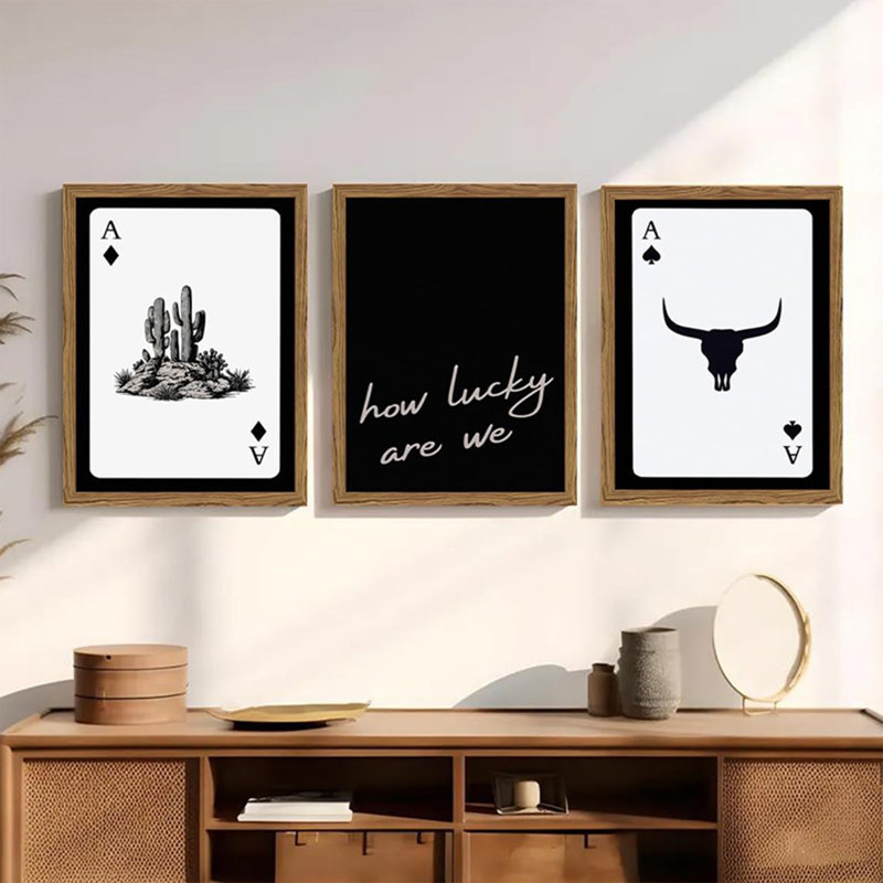 Modern Abstract Decor Wall Art Set - 3 Styles (Cactus, Inspirational Quote, Bull Head) with Playing Card Accents, Multiple Sizes 8x12 to 24x32 Inches, Framed Canvas Prints for Living Room, Bedroom, Office