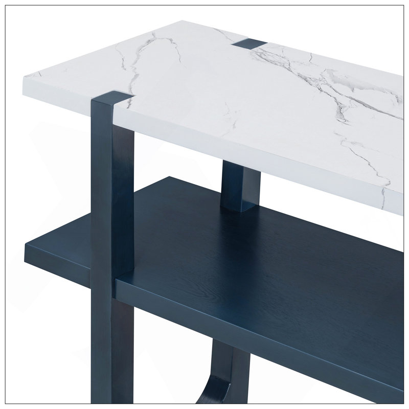 Élégante console étroite avec plateau en marbre et rangement polyvalent, parfaite pour le couloir et le vestibule, Marine
