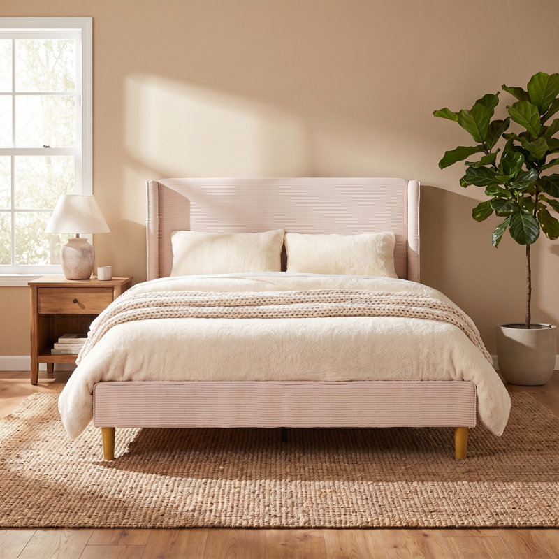 Janine Corduroy Upholstered Wingback Bed with Slat Kit and Solid and Manufactured Wood Frame, Full, Beige