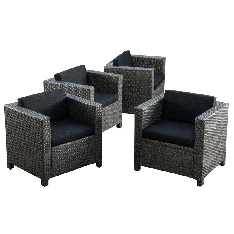 4 chaises d'extérieur noires avec coussins d'eau de 4 pièces, 100% tissu