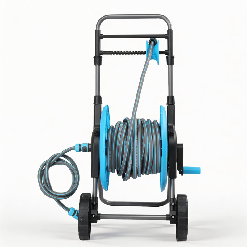 Chariot enrouleur de boyau d'arrosage à poignée réglable, porte-boyau d'arrosage robuste en plastique et sur roulettes avec adaptateur 1,9 m Quick-Connect