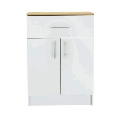 2 Piece Kitchen Set, Kitchen Island Table + Pantry Cabinet, White / Light Oak