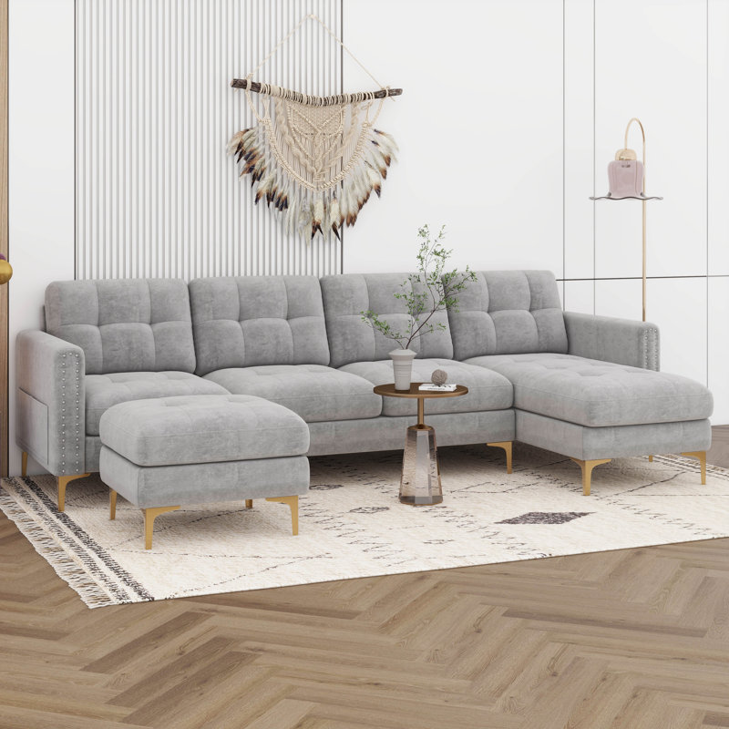 110" L-Shape Convertible Sectional Sofa Couch With Movable Ottoman, Convenient Storage Pockets, Velvet Upholstery Sofa