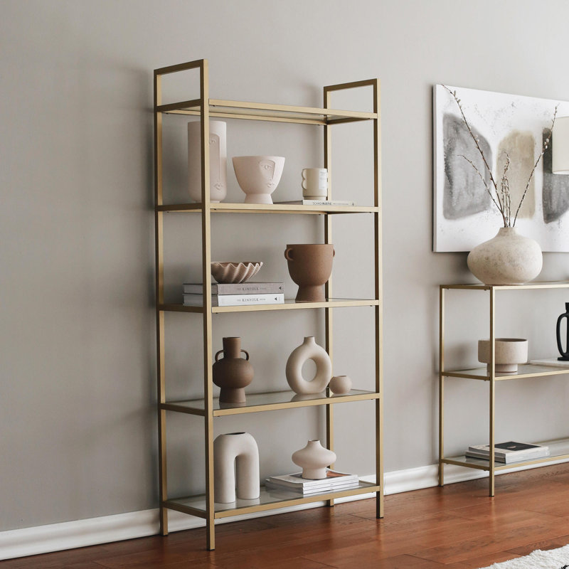 Modern Gold Bookshelf with 100% Tempered Glass, 31.5 x 64.9 x 11.8 inches | 100% Metal Frame, Electrostatic Oven Dried Finish | Numerous Shelves, Wall-Mountable, Supports Up to 77 lbs | Glam & Novelty Design for Elegant Spaces