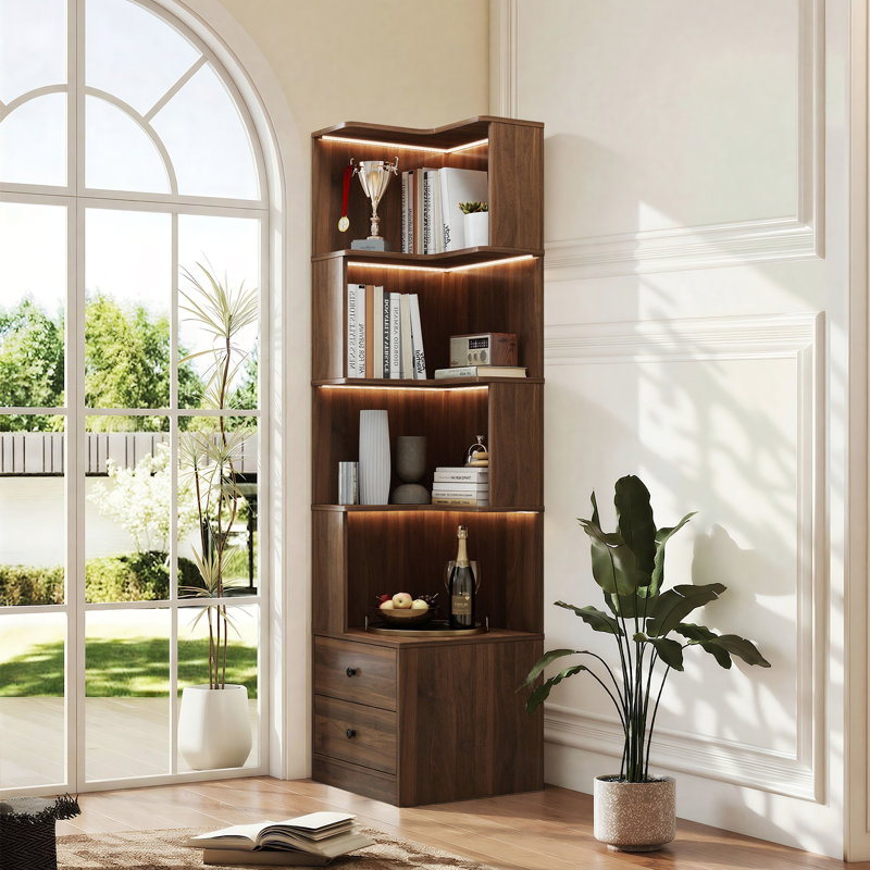 69" Storage Bookcase, 4-Tier L Shaped Corner Bookcase with 16-Color LED Lights & Storage Drawer – Entryway, Living Room
