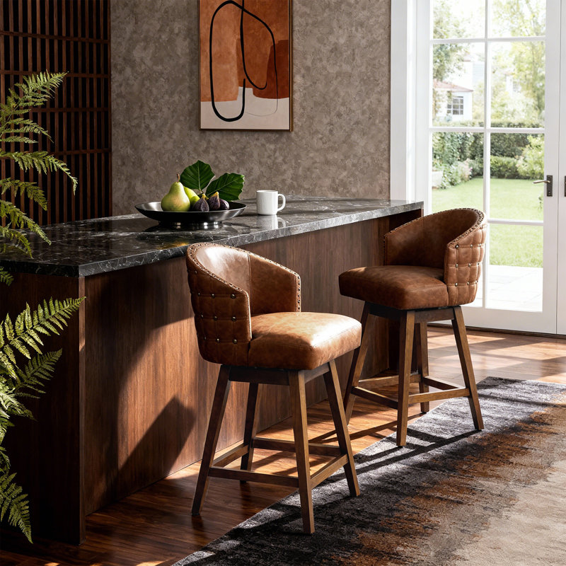 Tabouret de comptoir pivotant rembourré avec structure en bois massif et garniture cloutée (ensemble de 2), Marron foncé