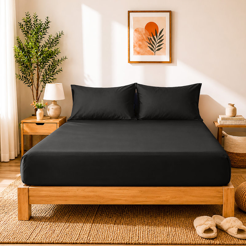 40cm Extra Deep Fitted Sheet - Luxury Microfiber Deep Pocket Bed Sheet Secure Fit, Black, Kingsize (152x200cm)