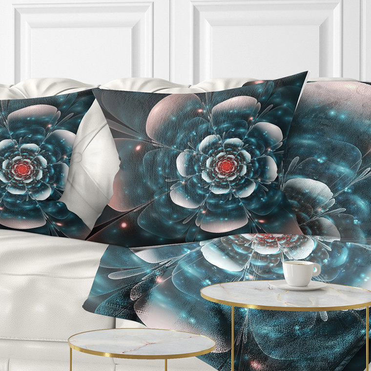Coussin à imprimé floral fleur pleine fleur bleue fractale, 16 po x 1 po, Coussin décoratif