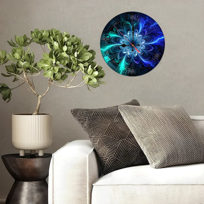 Horloge murale ronde en bois 10 po, mouvement à quartz silencieux, imprimé UV, à piles, Bleu électrique