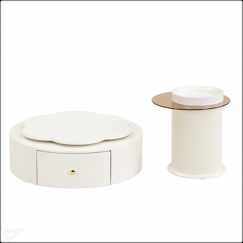 Ensemble de 2 tables basses rondes modernes avec plateau tournant en forme de fleur à 360 degrés et 2 tiroirs spacieux pour un rangement élégant