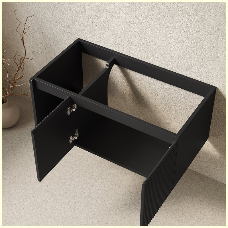 Meuble de salle de bain suspendu noir 91 cm (36 po) | 2 portes rayées + 1 tablette ouverte | Sans lavabo ni comptoir, sans robinetterie ni couvercle de lavabo