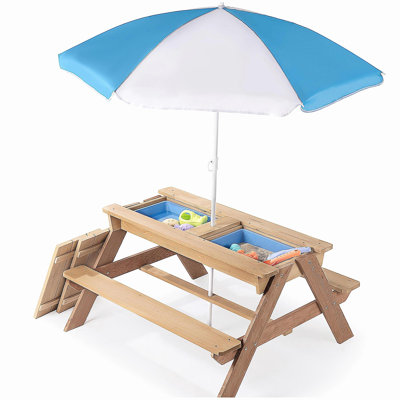 3-in-1 Kids Outdoor Wooden Picnic Table With Umbrella, Convertible Sand & Wate, Gray ASTM & CPSIA CERTIFICATION