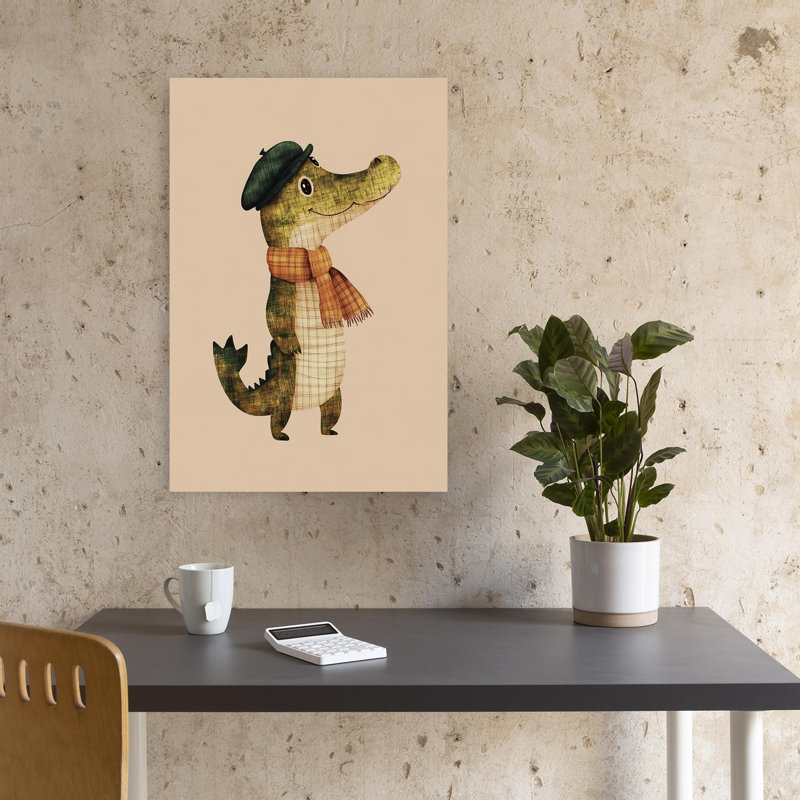 Dapper Crocodile Whimsical Contemporary Alligator Crocodile Wall Art Print 1 Piece Wrapped Canvas Wall Art