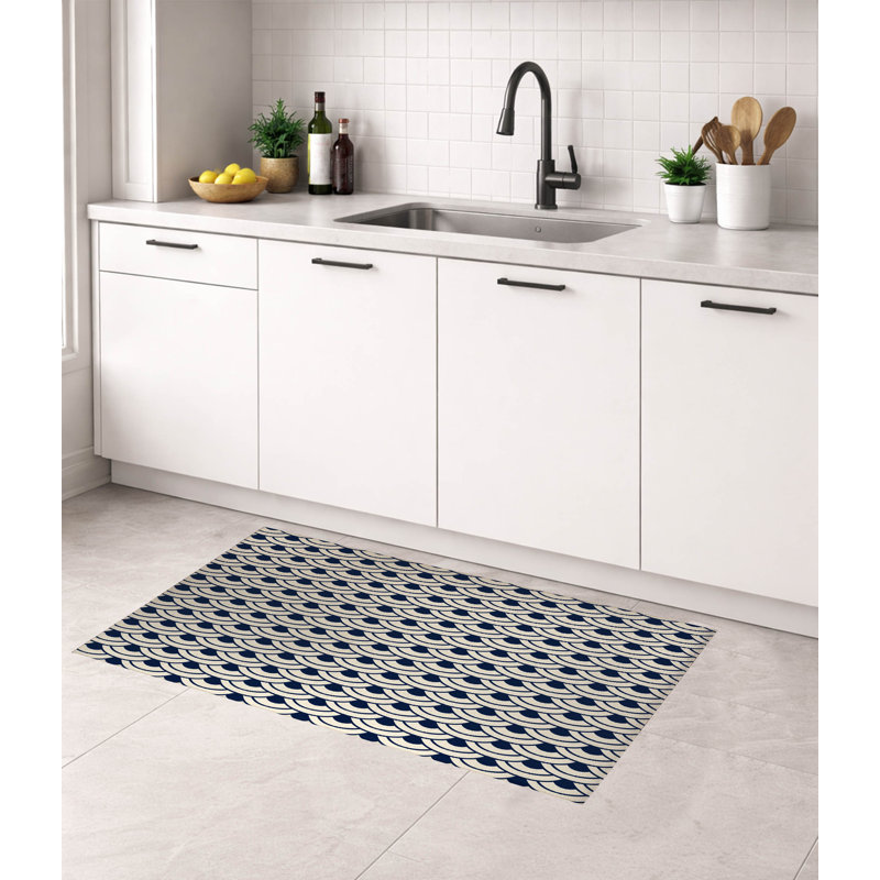 Tapis de cuisine traditionnel japonais à profil bas, Rectangle 5' x 7', Deep Navy Geometric