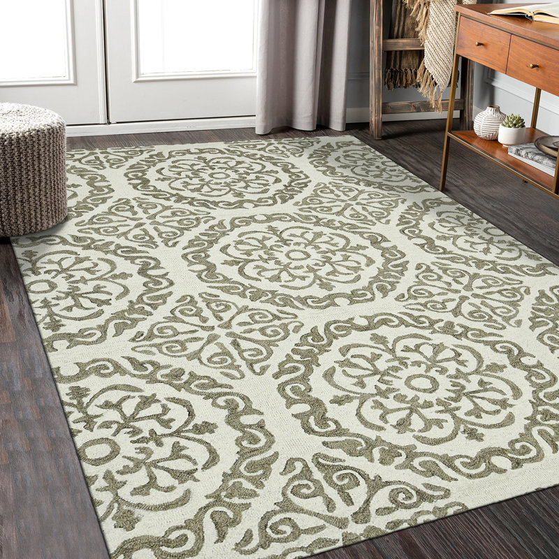 Tapis blanc en laine touffeté à motif géométrique, Rectangle 5 pi x 7 pi 6 po