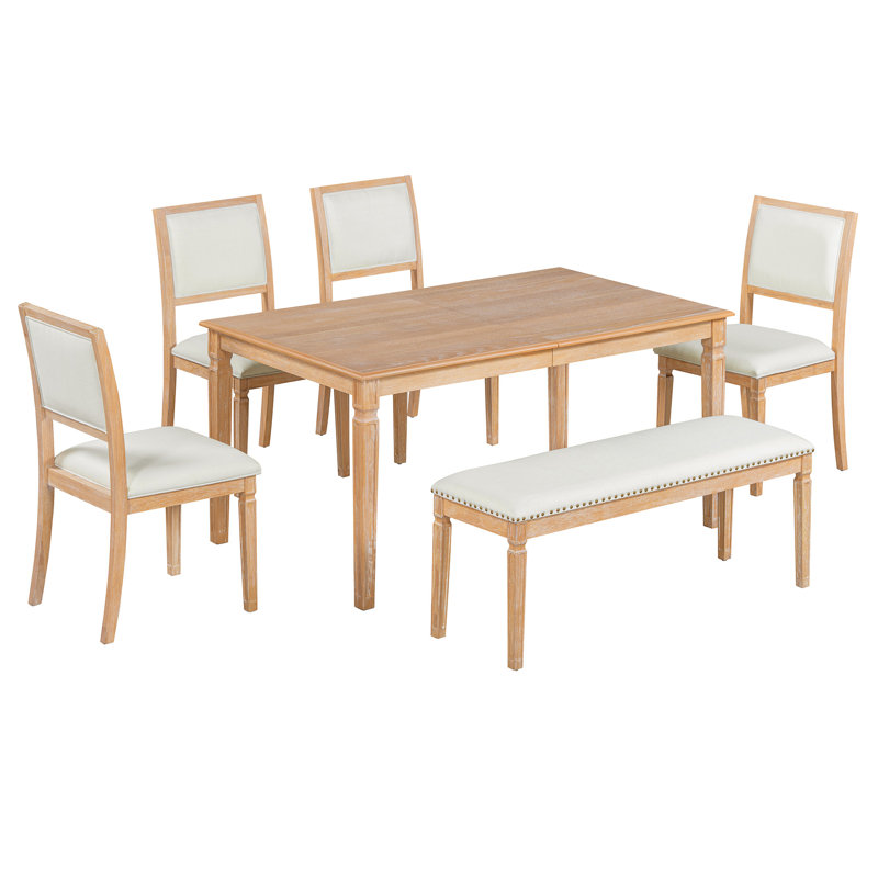 Ensemble de table de salle à manger extensible Vintage pour 6 avec 4 chaises et banc, Bois naturel délavé