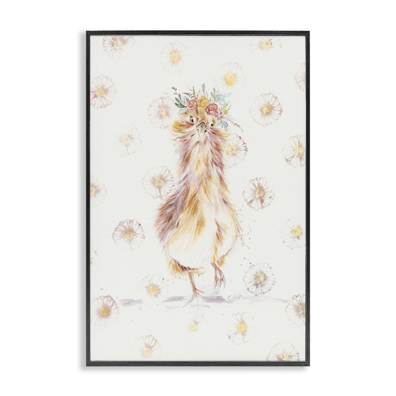 Poulet Silkie avec marguerites, estampe numérique, conception de Cady, H 18 po x l 12 po, Giclée encadrée noir minuit