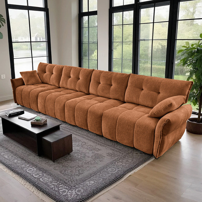Canapé modulaire capitonné 4 places avec coussins Dejong, Chenille orange, H 35,43 po x l 141,75 po x P 33,43 po