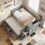 Lit plateforme simple en bois multifonctionnel avec bureau et tablette de rangement au bout du lit-365095501