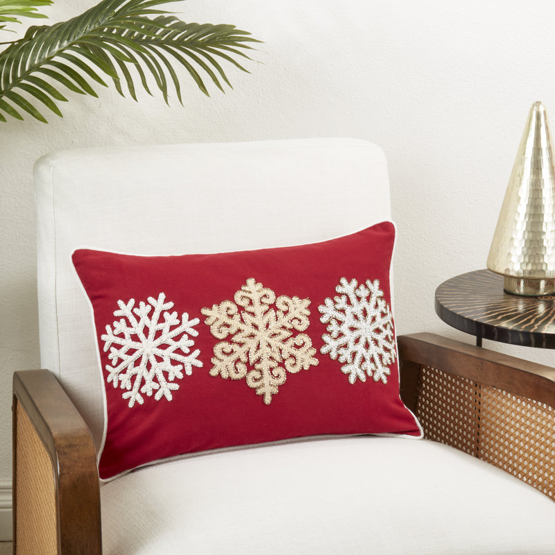 Red Rectangular Embroidered Snowflake Throw Pillow