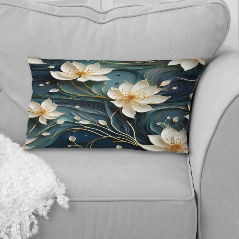 Blanc et or lotus tranquille zen - Coussin décoratif abstrait corail récif multicolore azur