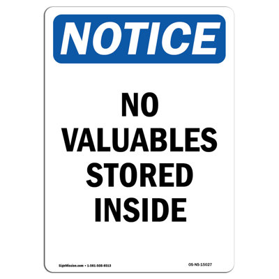 No Valuables Stored Notice Sign